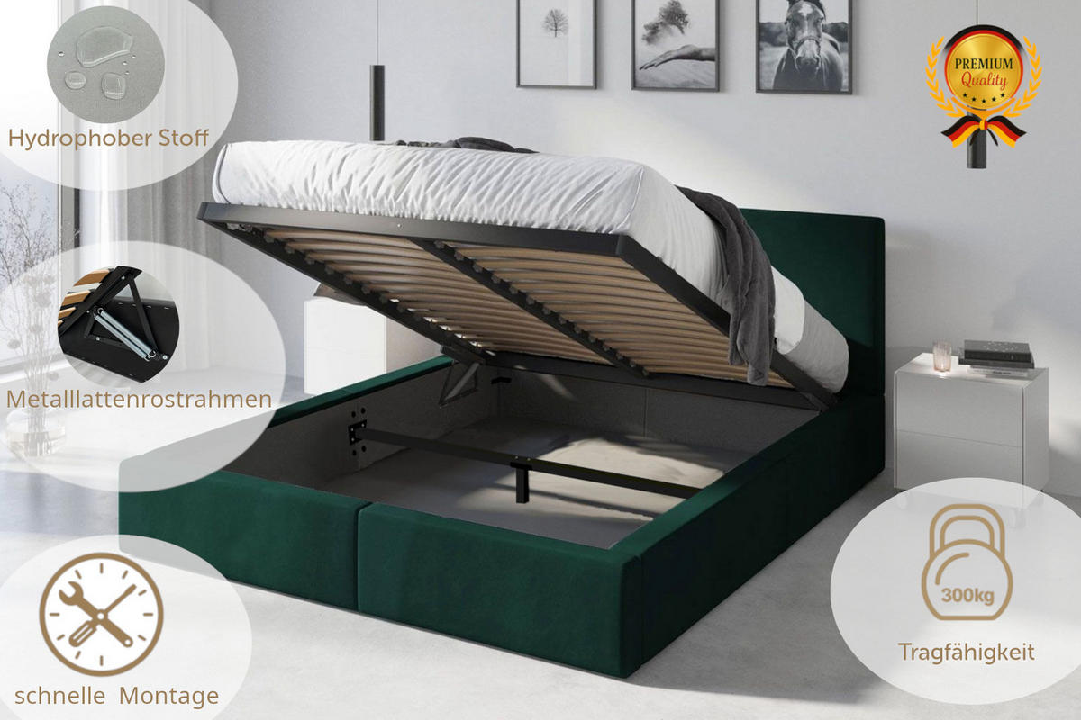 POLSTERBETT Hilton mit Stauraum - Grün, Textil (120/200cm) - Interbeds