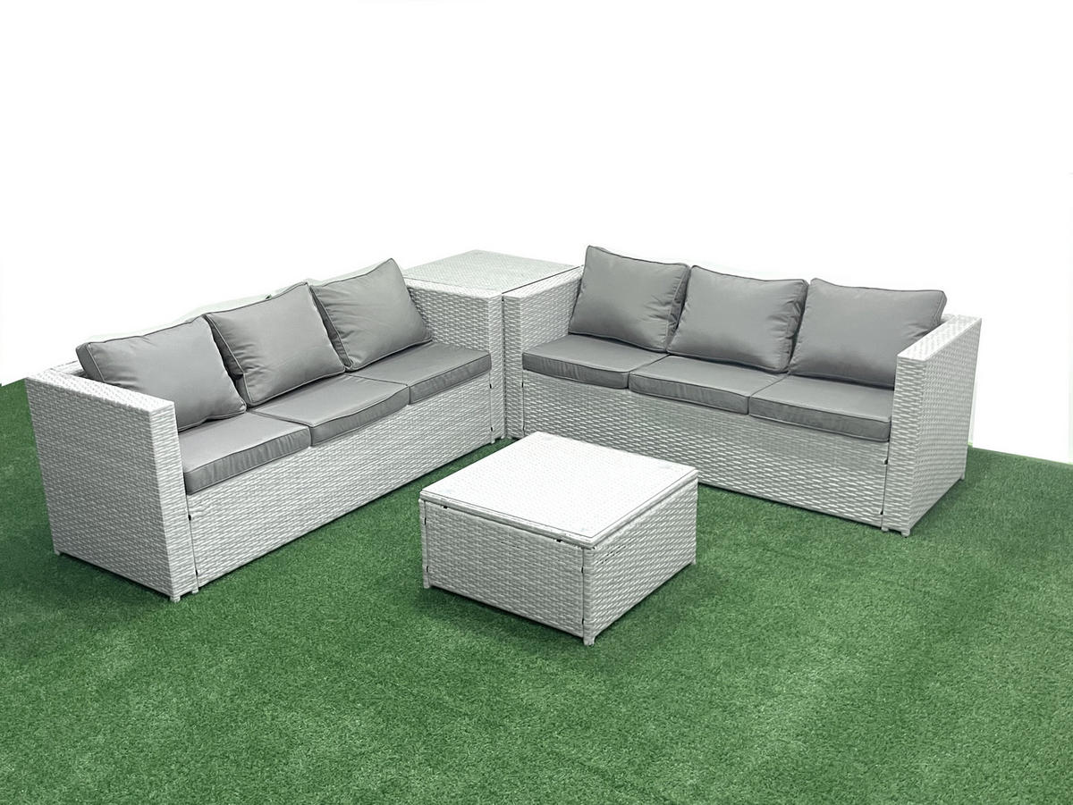GARTENMÖBEL-SET mit Kissen Polyrattan Hellgrau-Mix 6-Sitzer - Hellgrau/Grau, Glas/Kunststoff - Fimous