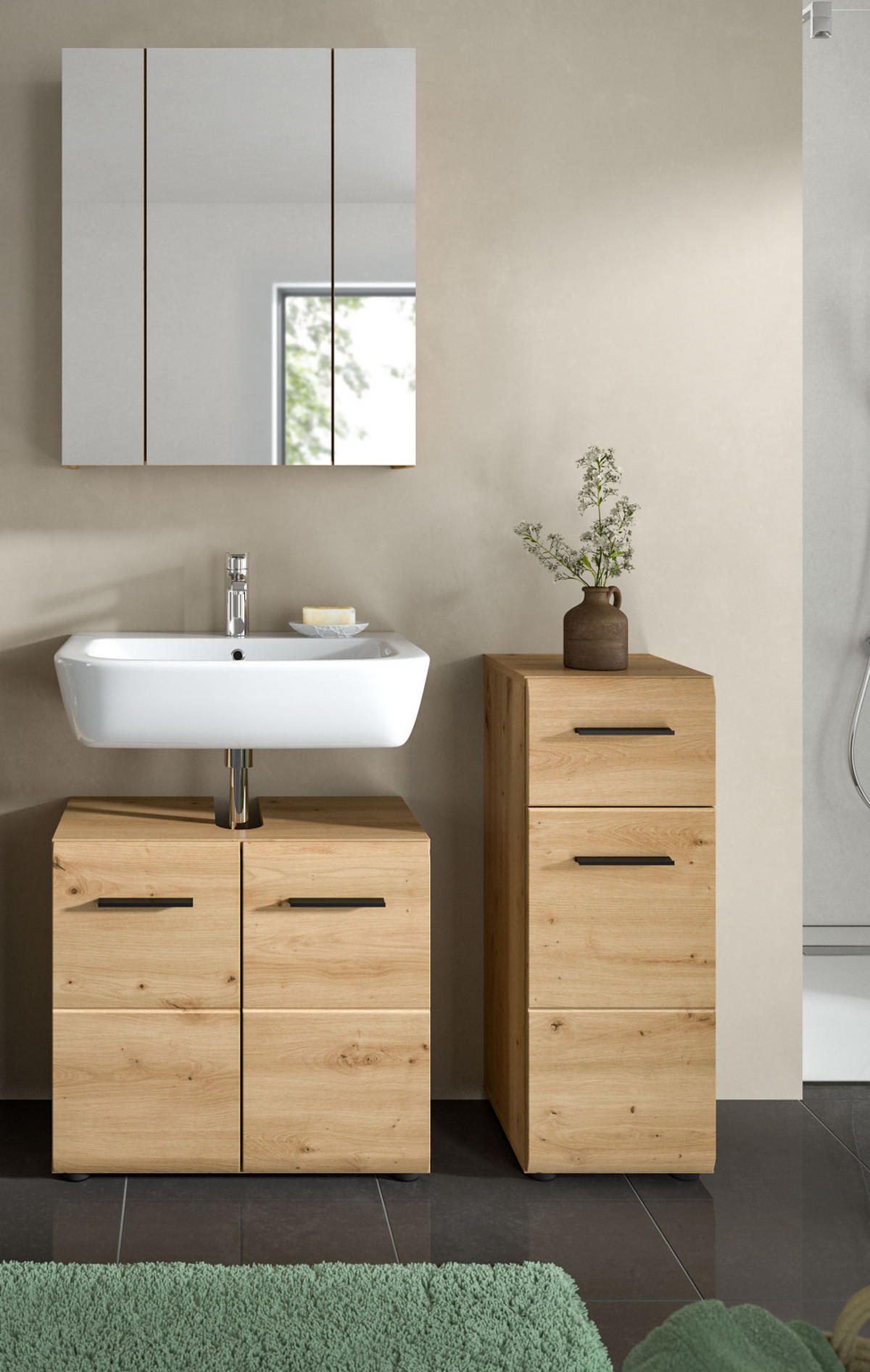 BADMÖBEL SET 3-teilig in Artisan Eiche, Badkombination 105 x 185 cm, Cover - Schwarz/Eiche Artisan, Glas/Holzwerkstoff (105/185/30cm) - Inn.Furn