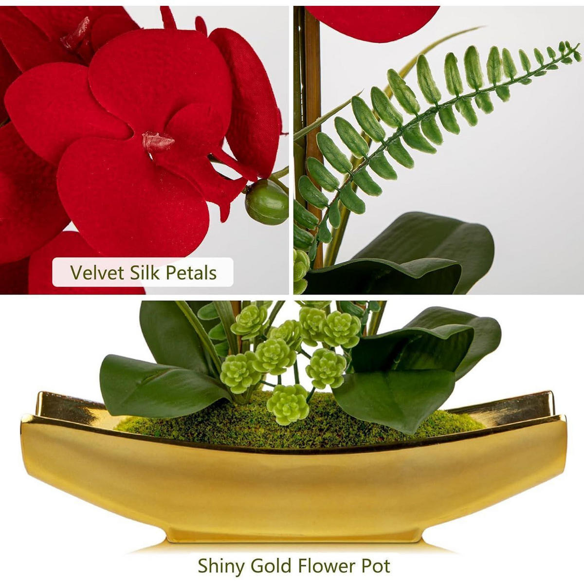 KÜNSTLICHE Orchidee Phalaenopsis Rot im goldenen Topf 38 cm - Rot, Kunststoff (40cm)