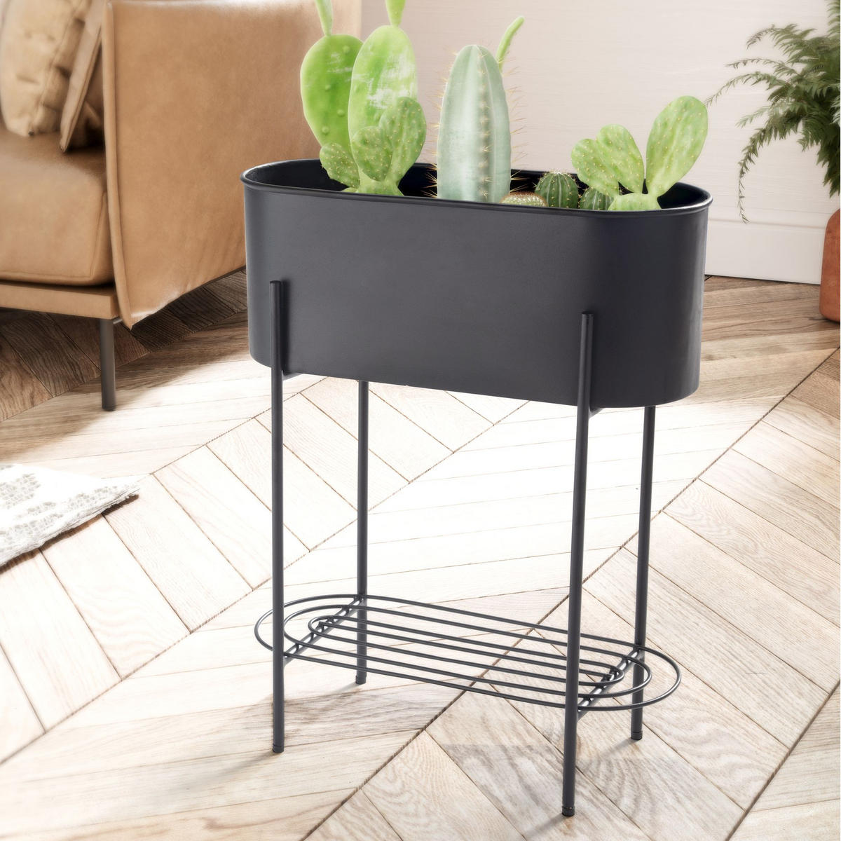 PFLANZKÜBEL Metall Schwarz 51x65x22 cm mit Gestell und Ablage rechteckig - Schwarz, Metall (65cm) - KADIMA DESIGN