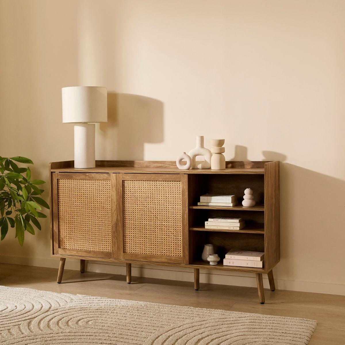 SIDEBOARD mit 2 Türen und 2 Schubladen mit Rattanfronten 39/140/80 cm - Eschefarben, Holzwerkstoff (39/80/140cm) - Calicosy