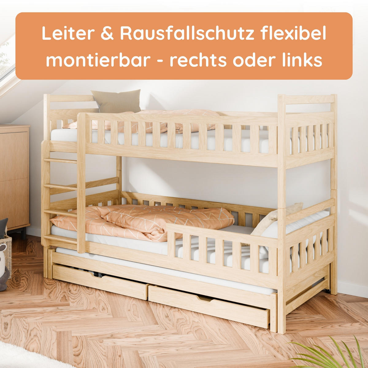 ETAGENBETT mit drei Matratzen Schubladen und Ausziehbett 90x200 in natur - Naturfarben, Holz (90/200cm) - Kids Collective