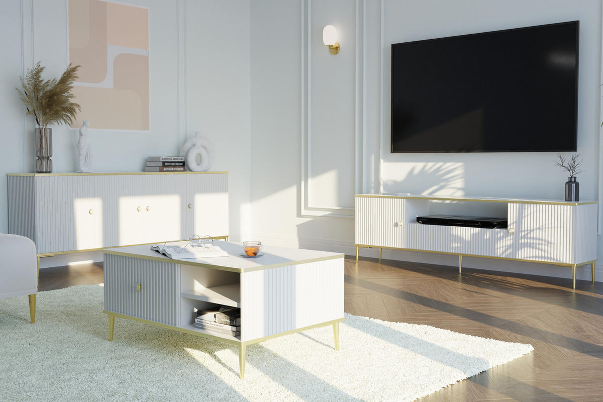 TV LOWBOARD Weiß, Gold 180/55/35 - Weiß, Holzwerkstoff (180/55/35cm) - RAUMHIRSCH FURNITURE