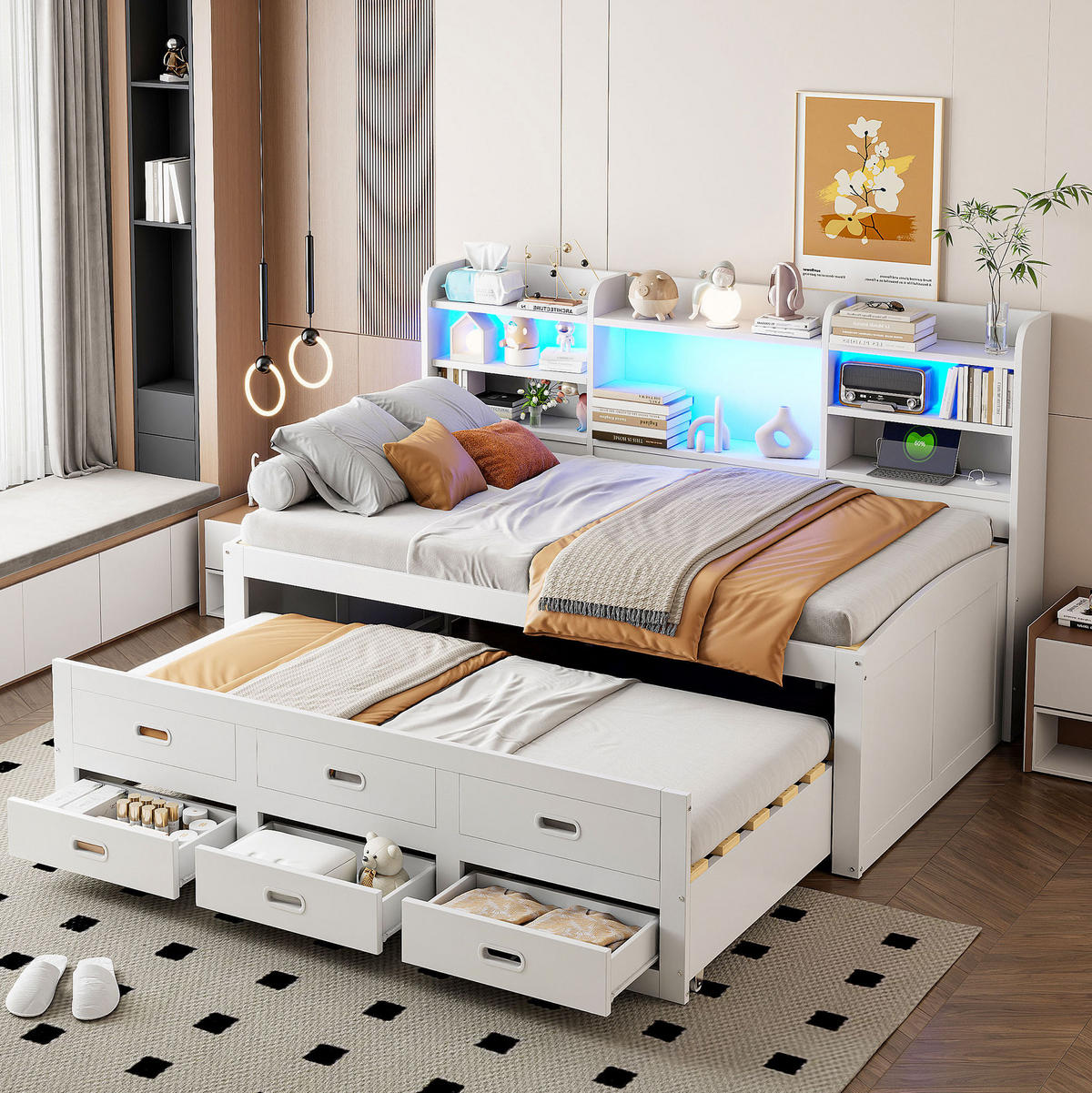 TAGESBETT 90/200 cm mit Ausziehbett, LED-Beleuchtung, USB-/Type-C-Anschluss und 3 Schubladen, Spanplatte/MDF, Weiß - Weiß, Holzwerkstoff (90/200cm) - Redom