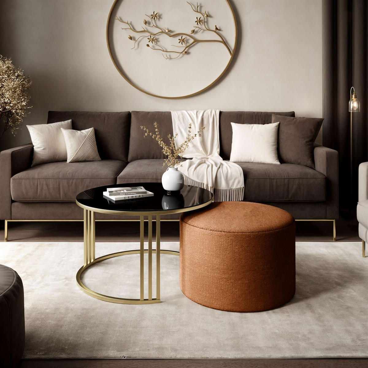 COUCHTISCH mit Hocker LORI GLASS gebürstetes Gold/schwarzes Glas/Perfect Harmony 52 - Schwarz, Metall (70/70/49cm) - Lookway