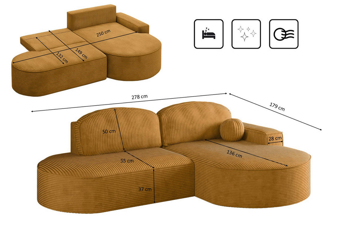 ECKSOFA mit Schlaffunktion und Bettkasten Modena Runden stoff Poso Senffarbe Rechts - Gelb, Holz/Textil (278/179cm) - Kaiser Möbel