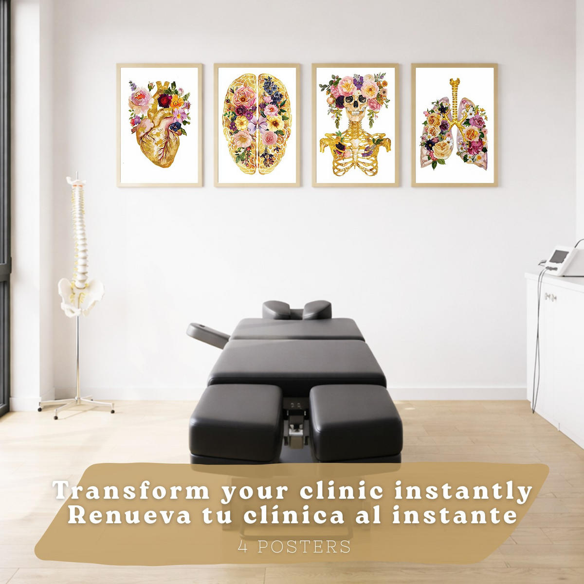 POSTER Set aus 4 Anatomie Mensch Drucke und mit Herz Gehirn Schädel Lungen Luftröhre Bronchien Goldener Floraler Stil Größe Leichter Holzrahmen A3 - Beige, Papier (29.7/42/3cm) - Nacnic