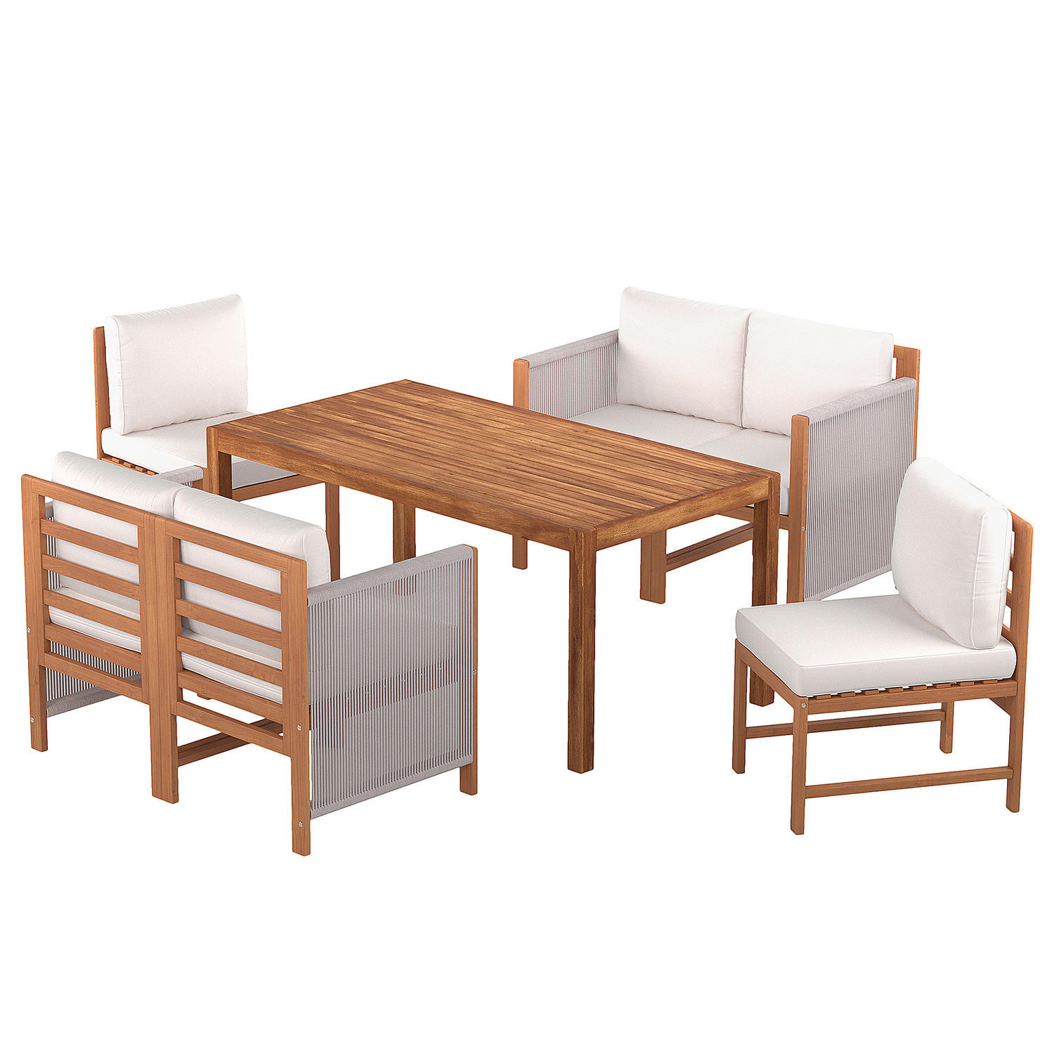 DINING-LOUNGESET - 7-teilig - Akazie massiv / Polyester - Braun / Beige - Beige/Braun, Holz/Textil - home24