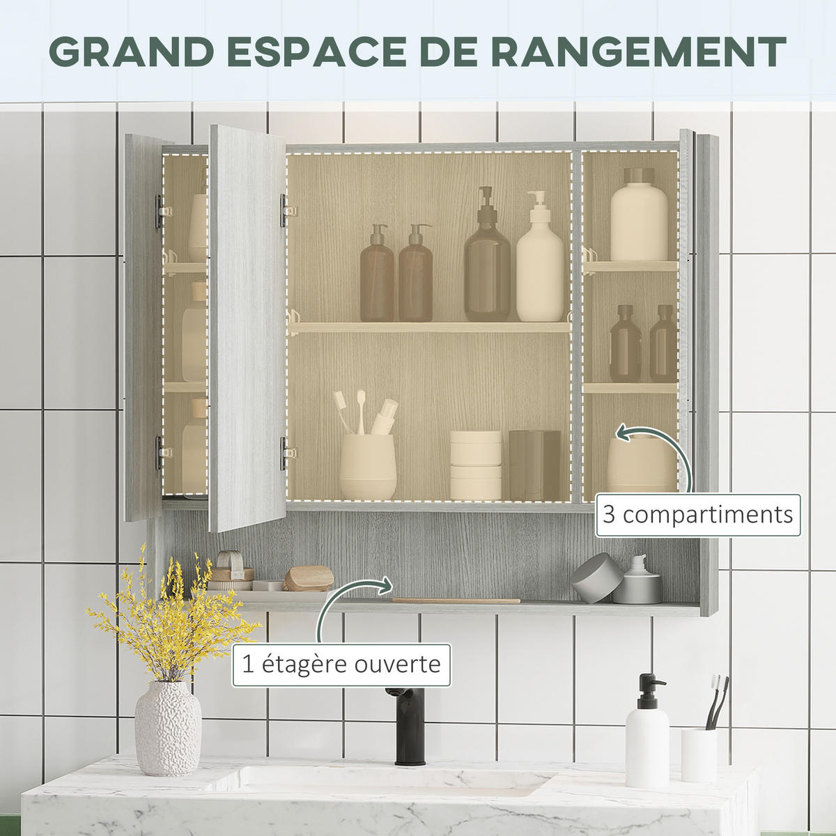 SPIEGELSCHRANK, 3-türiger Spiegelschrank, verstellbare Einlegeböden, 90 x 15 x 75 cm ,grau - Grau, Glas (90/75/15cm) - Vallsero
