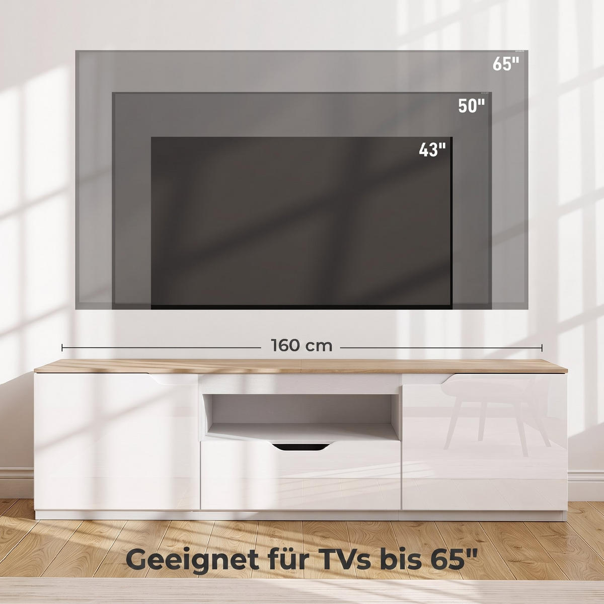 HÖGLANST TV-bänk för tv-apparater till 65 tum, 3 fack, låda, naturträ - Naturfärgad, Träbaserade material (38/43/160cm) - HOMCOM