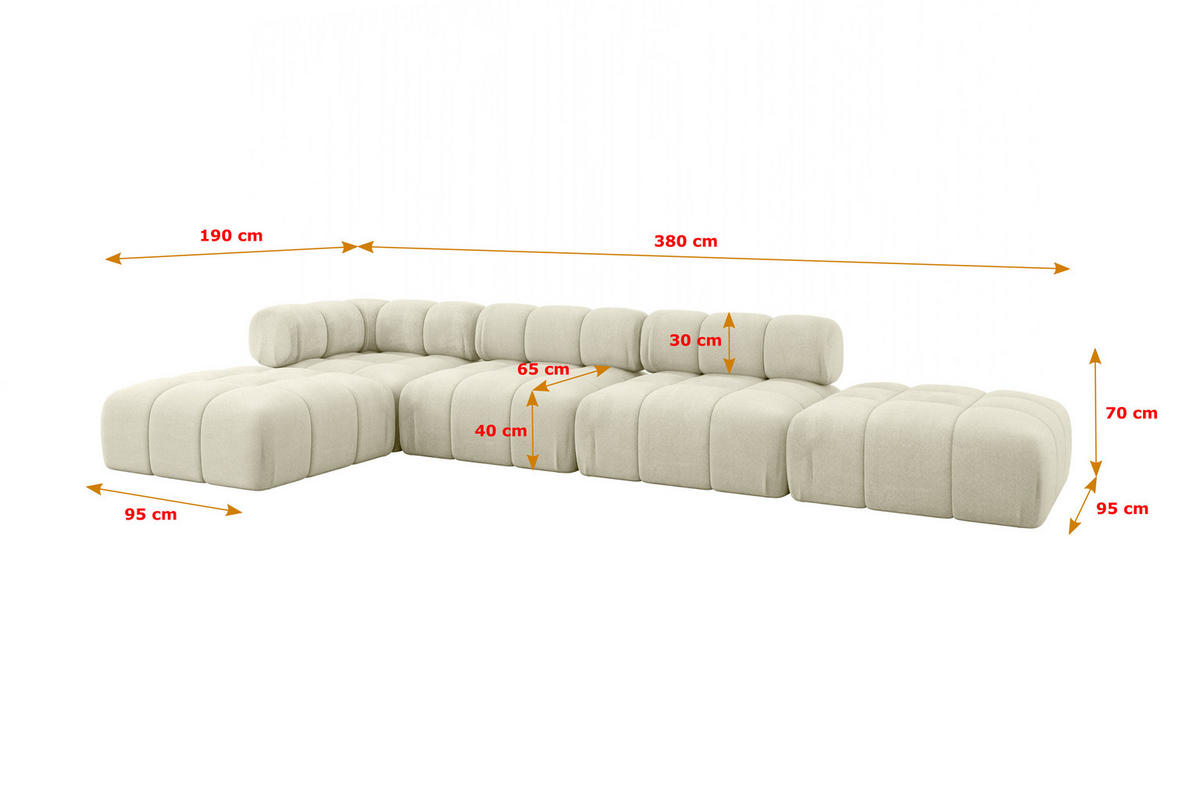 ECKSOFA modulares Sofa Kerru-L2 - 380x190x70 cm Beige Velours - Beige, Holzwerkstoff/Textil (380/190cm) - ALTDECOR