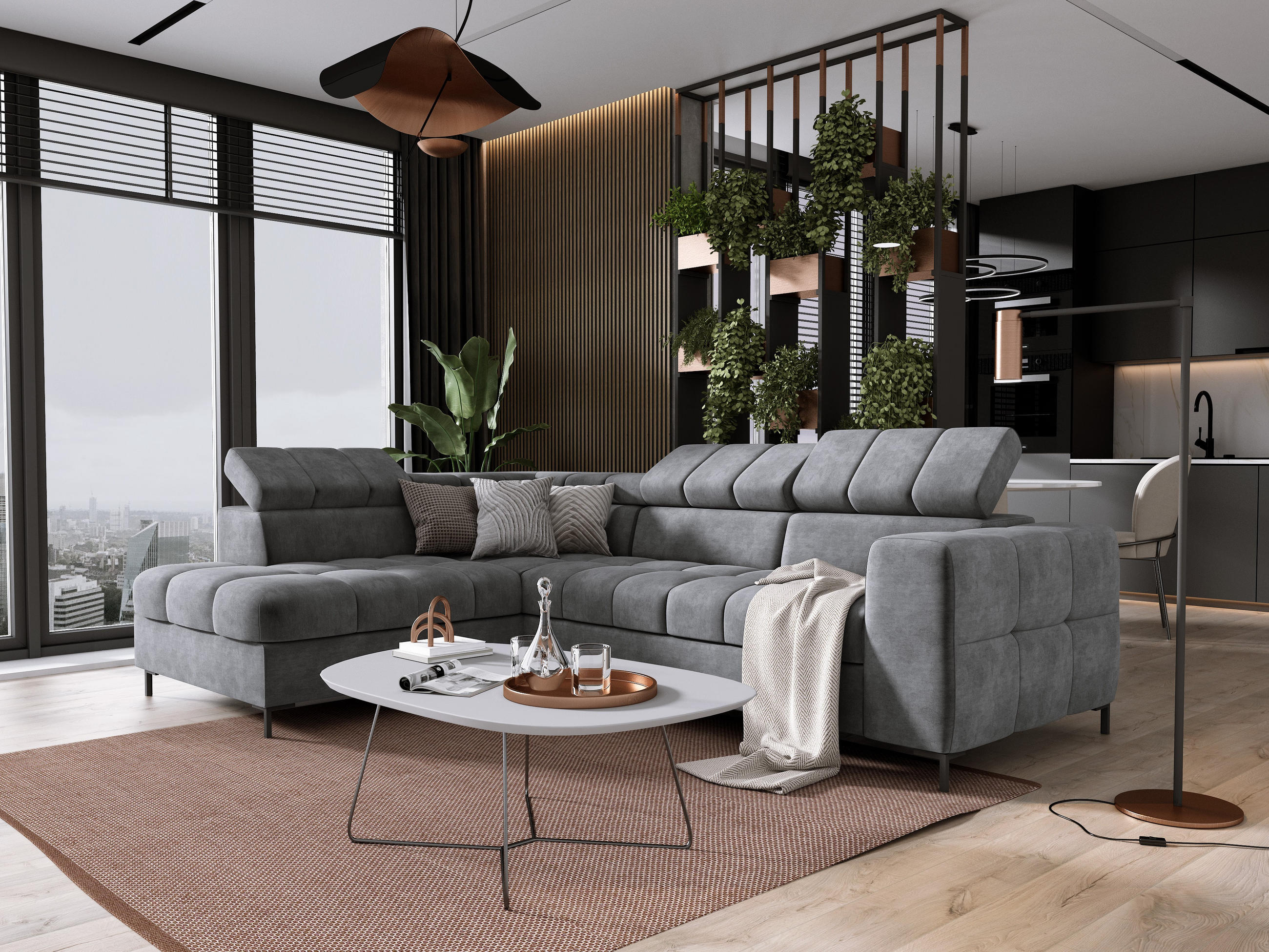 ECKSOFA PABLOS Cloud, L-förmig, Moderne, mit verstellbarem Kopfteil, Schlaf- & Lagermöglichkeiten, freistehend, LINKS 201x279x97 cm Grey - Grau, Holz/Textil (201/279cm) - DomoHome