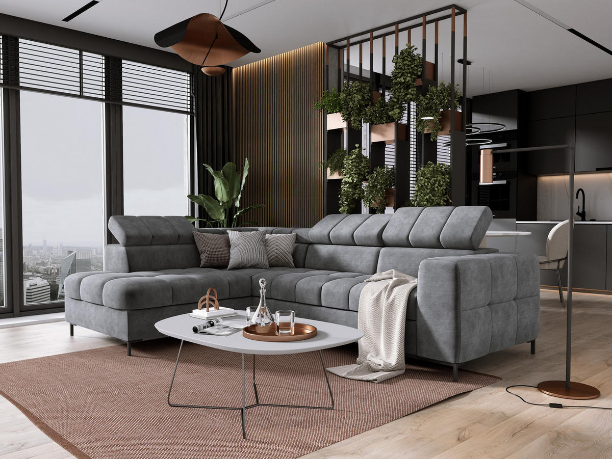 ECKSOFA PABLOS Cloud, L-förmig, Moderne, mit verstellbarem Kopfteil, Schlaf- & Lagermöglichkeiten, freistehend, LINKS 201x279x97 cm Grey - Grau, Holz/Textil (201/279cm) - DomoHome