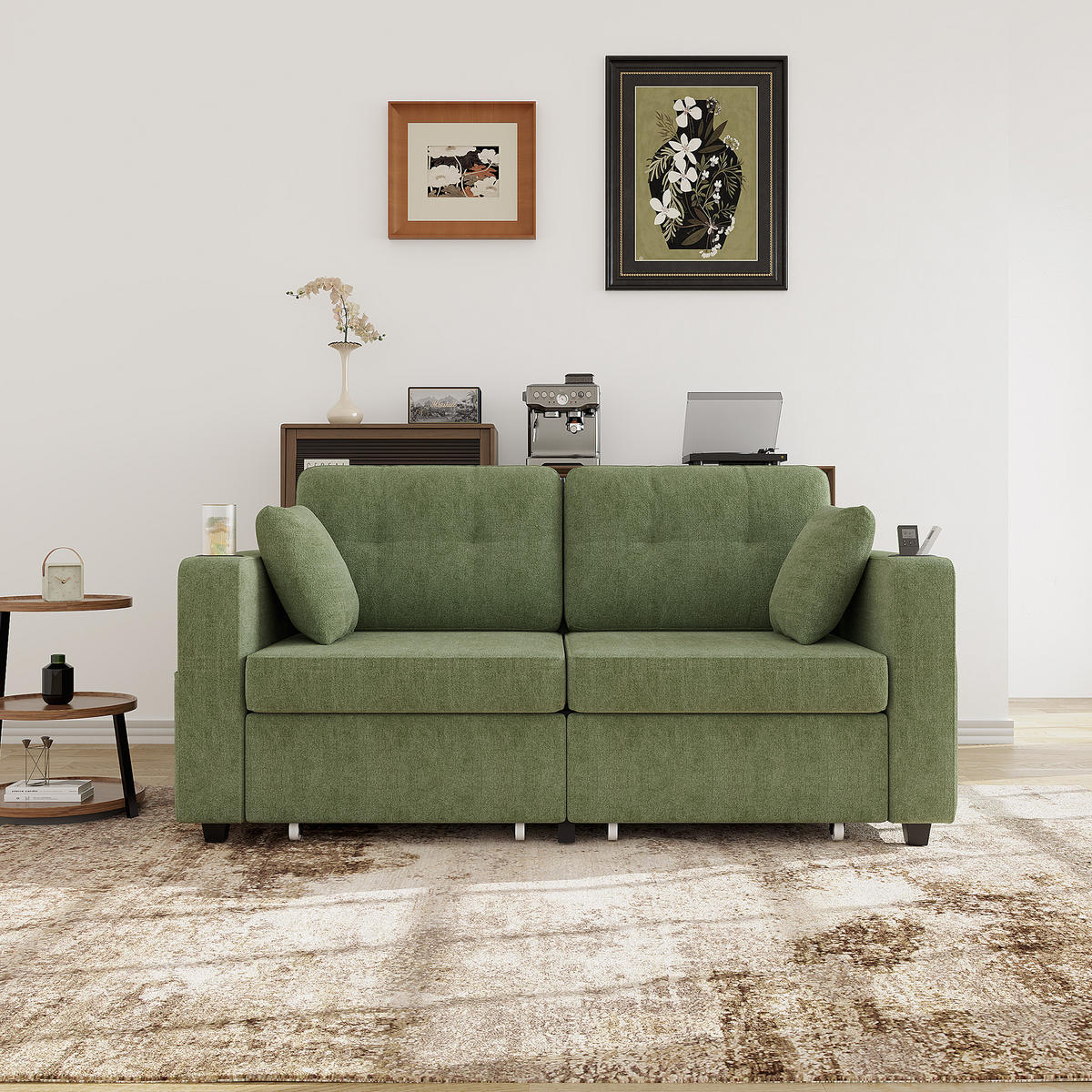 2-SITZER SOFA Chenille Olive mit USB und Stauraumschubladen - Olivgrün, Textil/Metall (172/82/75cm) - WISHDOR