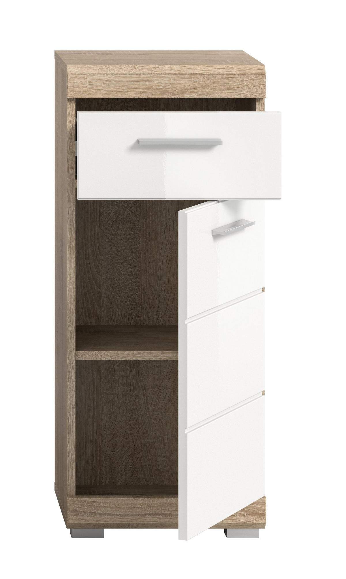 STANDSCHRANK Lambada Bad in Sonoma Eiche hell und weiß hochglanz B/H/T: 37x88x31 cm - Eichefarben, Holz (37/88/31cm)