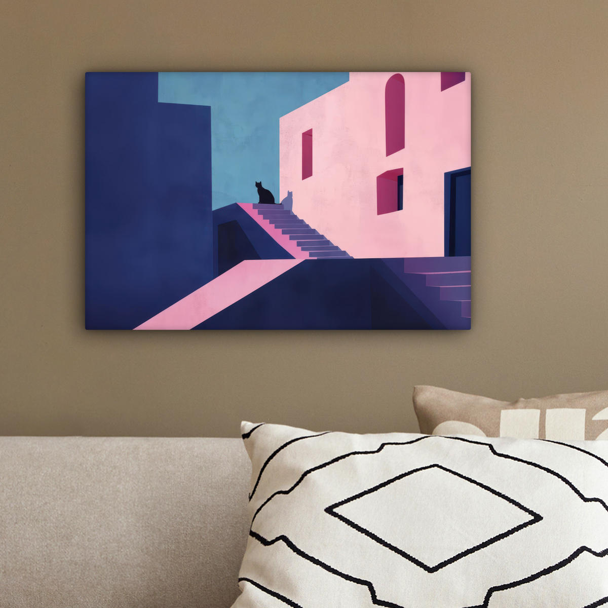 LEINWANDBILD Katze - Treppe - Gebäude - Schattenkontraste Deko Schlafzimmer 30x20 cm - Dunkelblau, Textil (30/20cm) - MuchoWow