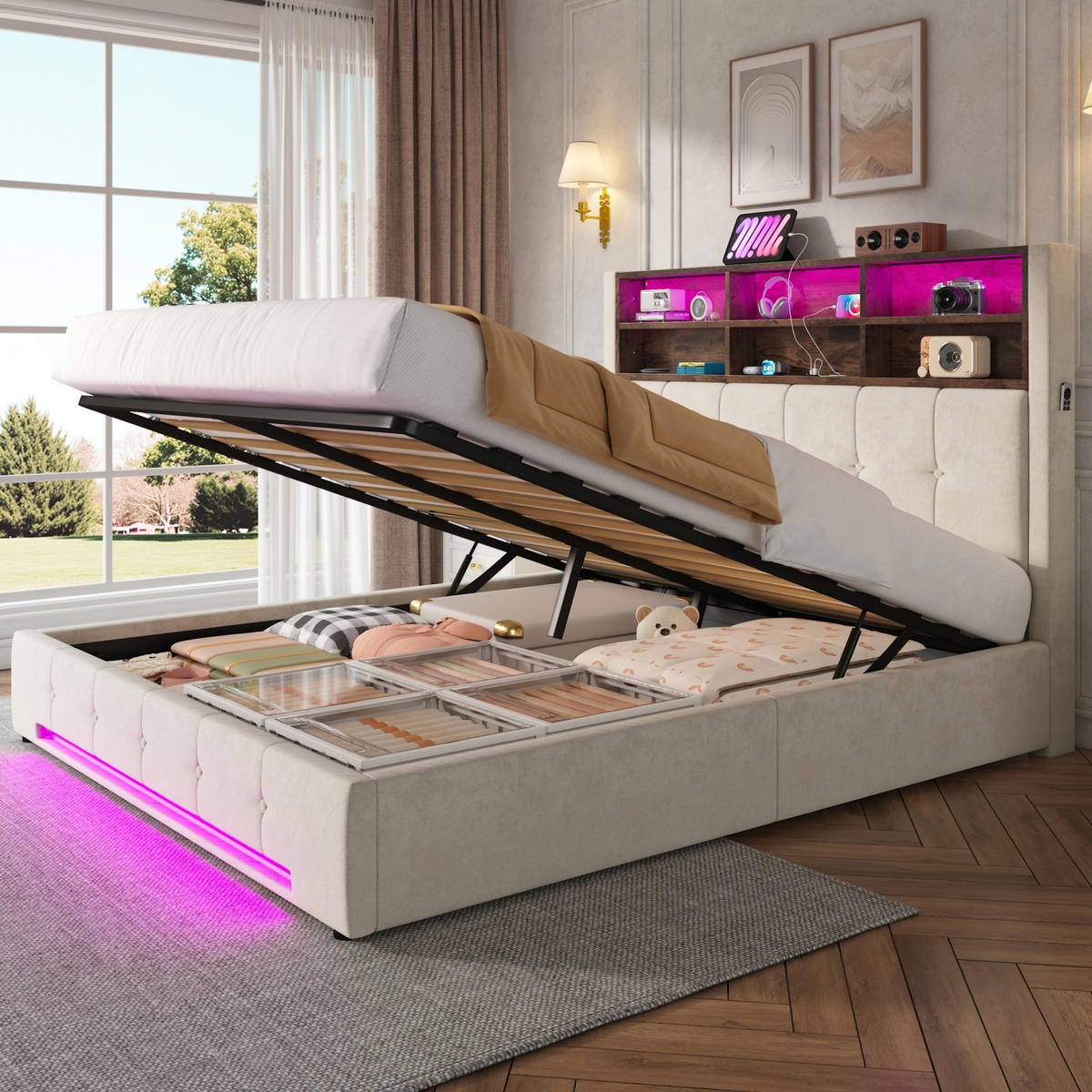 POLSTERBETT 160x200 cm in Beige mit Bettkasten, LED-Beleuchtung und USB-C-Anschluss - Beige, Metall (160/200cm) - IVMEU