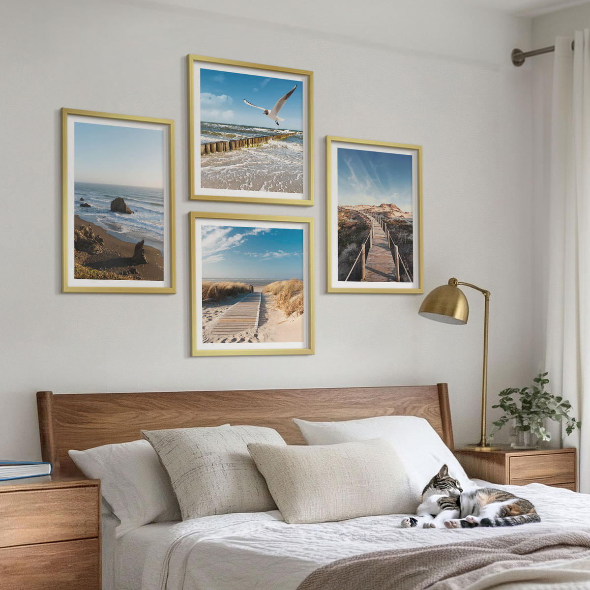 WANDBILDER 4er Set - 50x50 cm & 40x60 cm Goldrahmen - Strandwellen, Himmelsbrücke, Spaziergang - Goldfarben, Kunststoff (50/50cm) - ArtPrintCave