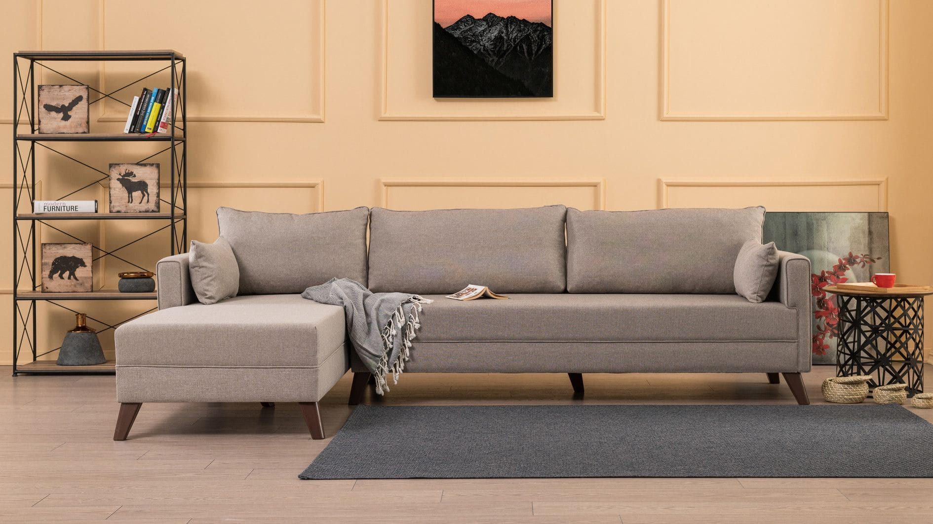 ECKSOFA mit losen Rückenkissen und Schlaffläche - Beige/Walnussfarben, Holz/Kunststoff (275/165cm) - myHomelando