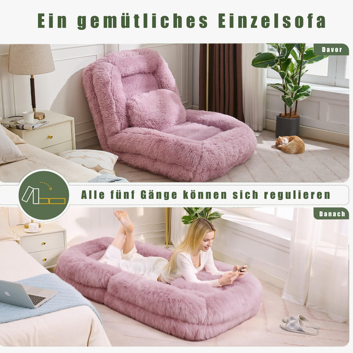 SITZSACK Plüsch Pink mit Verstellfunktion und mit Kissen - Rosa, Holzwerkstoff/Textil (89/42/175cm) - WISHDOR