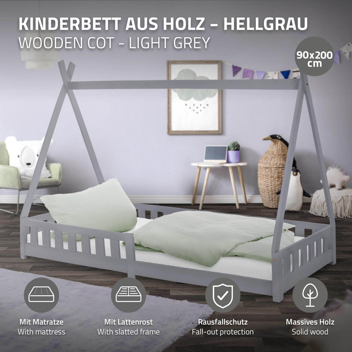 KINDERBETT Tipi mit Matratze 90x200 cm Hellgrau - Hellgrau, Holz (90/200cm) - ML-DESIGN