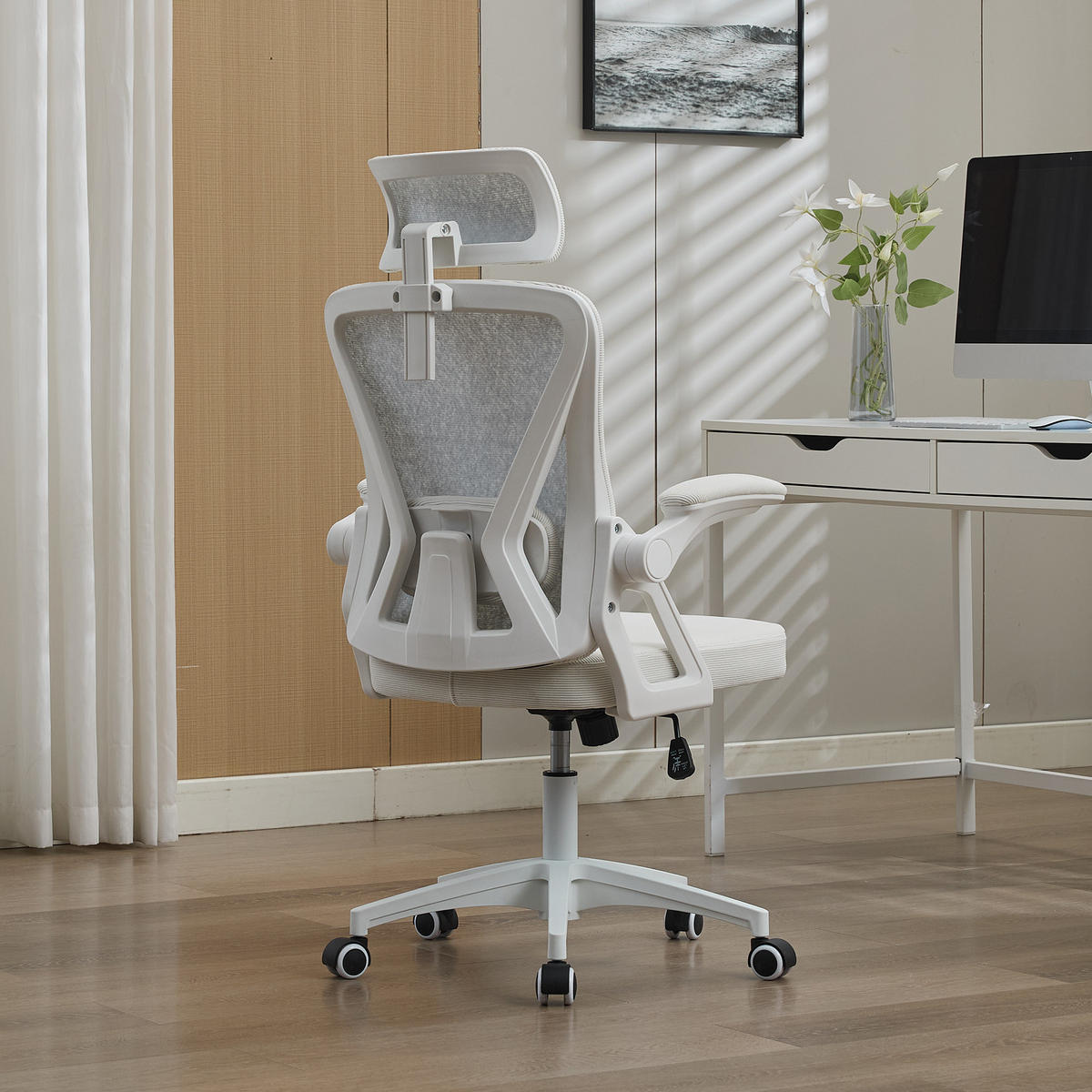 DREHSTÜHLE ergonomisch Netz Lendenstütze Kopfstütze Schwarz - Weiß, Metall (65/108/58cm) - SHOPENTRA