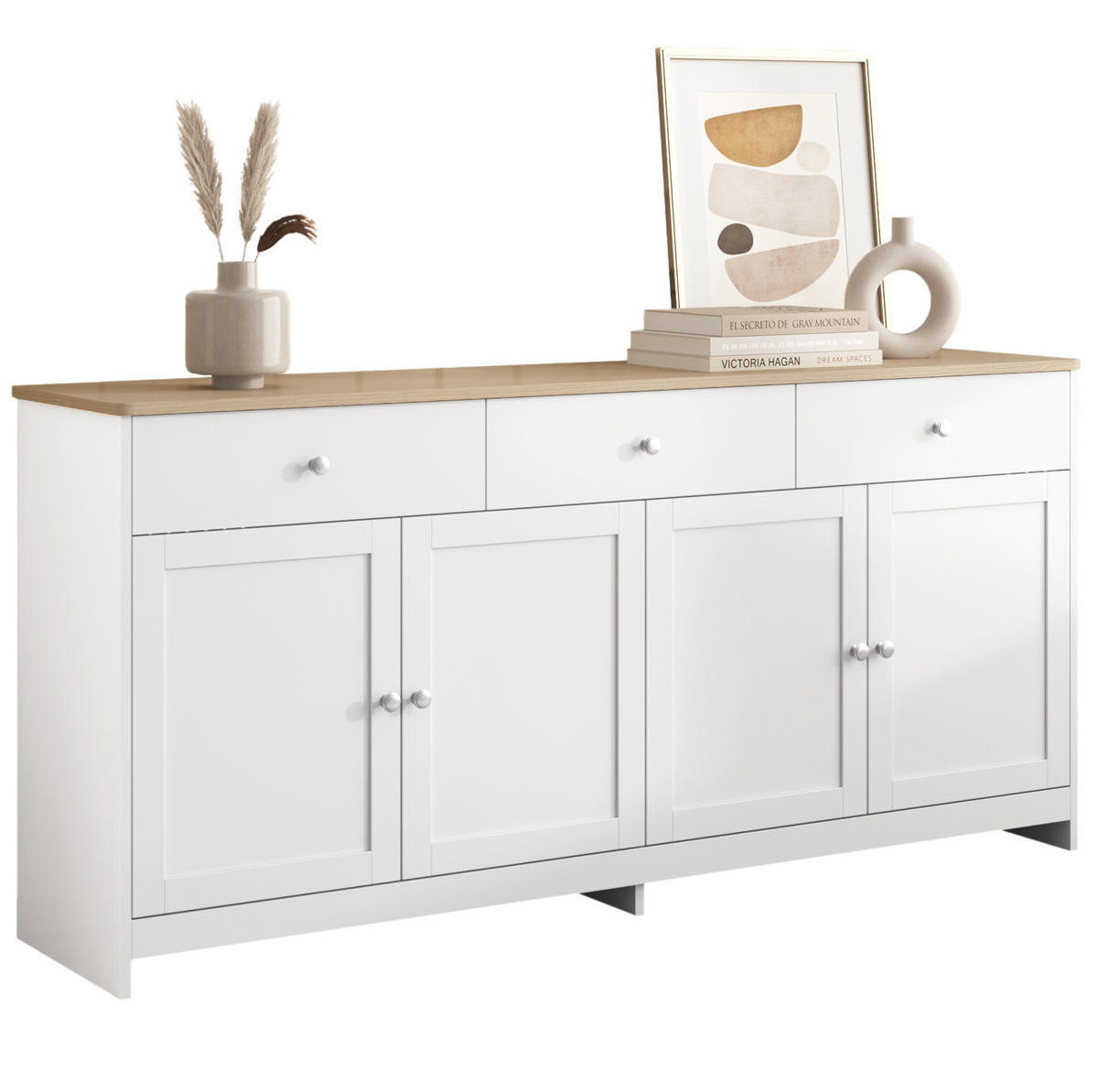 SIDEBOARD 160/37/75 cm, 3 Schubladen und 4 Türen, verstellbare Böden, MDF, Weiß und Holzfarbe - Weiß, Holzwerkstoff (160/75/37cm) - Redom