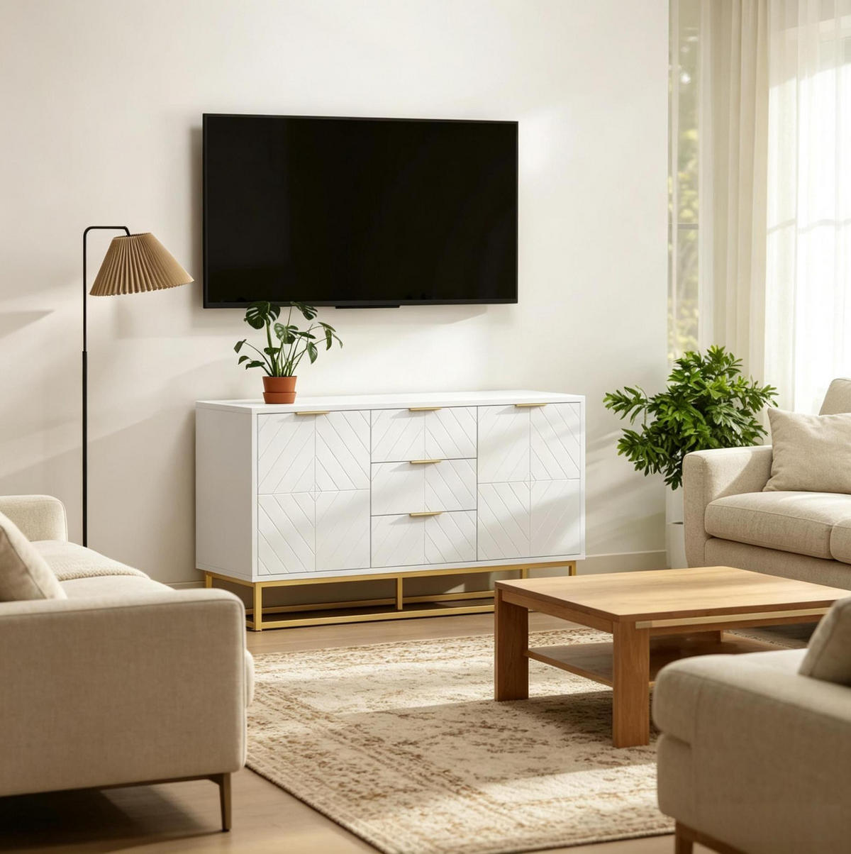 SIDEBOARD in Weiß und Gold 120x40x76 cm mit 2 Türen und 3 Schubladen - Weiß, Holzwerkstoff (40/76/120cm) - IVMEU