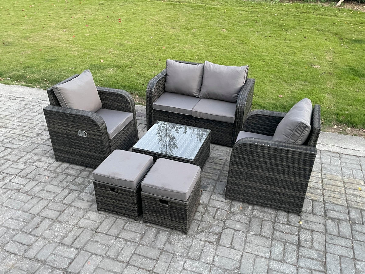 LOUNGESOFA-SET Polyrattan Dunkelgrau 6-Sitzer - Dunkelgrau, Metall - Fimous