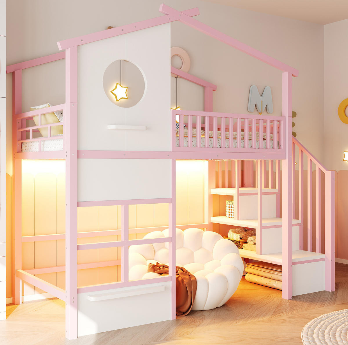HOCHBETT aus Metall 90x200 cm Weiß/Rosa mit Stauraumtreppe, LED-Lichtband und Hausdesign - Weiß, Metall (90/200cm) - Modfu