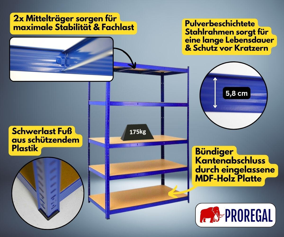 SCHWERLASTREGAL Taurus 180x120x60 cm Fachlast 175 kg Blau - Blau, Metall (120/180/60cm) - PROREGAL