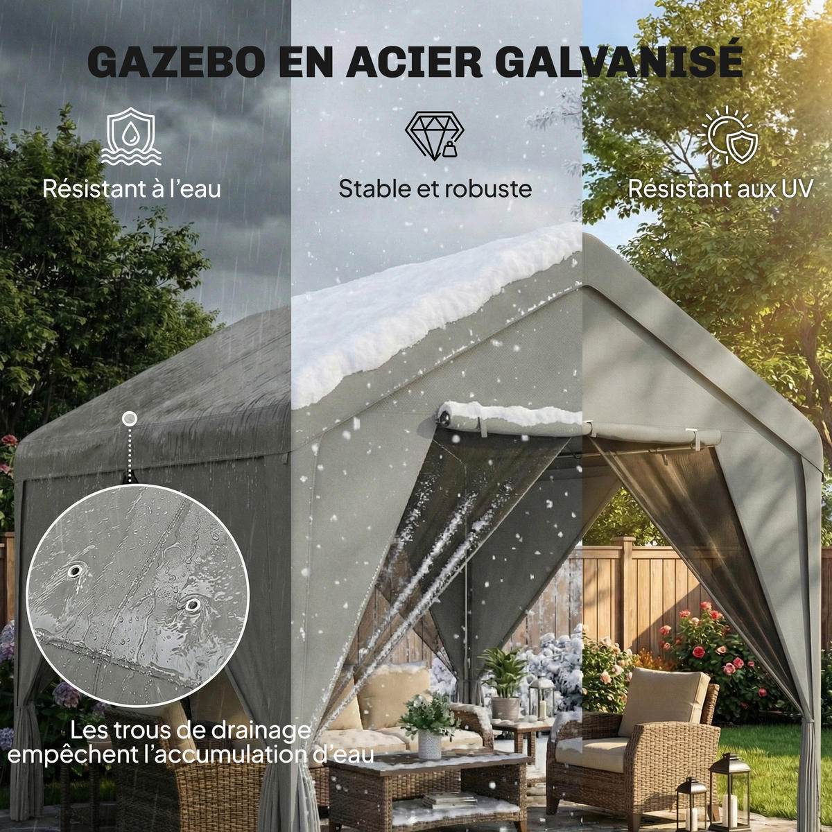 PAVILLON DE-12710 300/300 cm Doppeldach mit Vorhängen und Moskitonetzen Grau - Grau, Metall (295/278/300cm) - ComfortXL