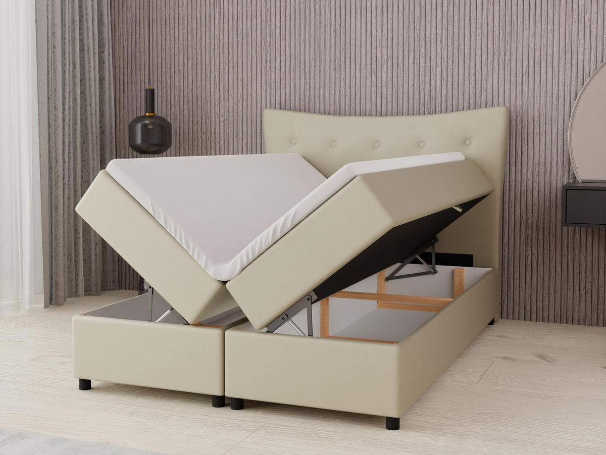 BOXBETT Nevada 140 x 200 cm Doppelbett mit hochwertiger Bonell-Matratze und Topper - ecru - Ecru, Holz (140/200cm) - Panda Möbel