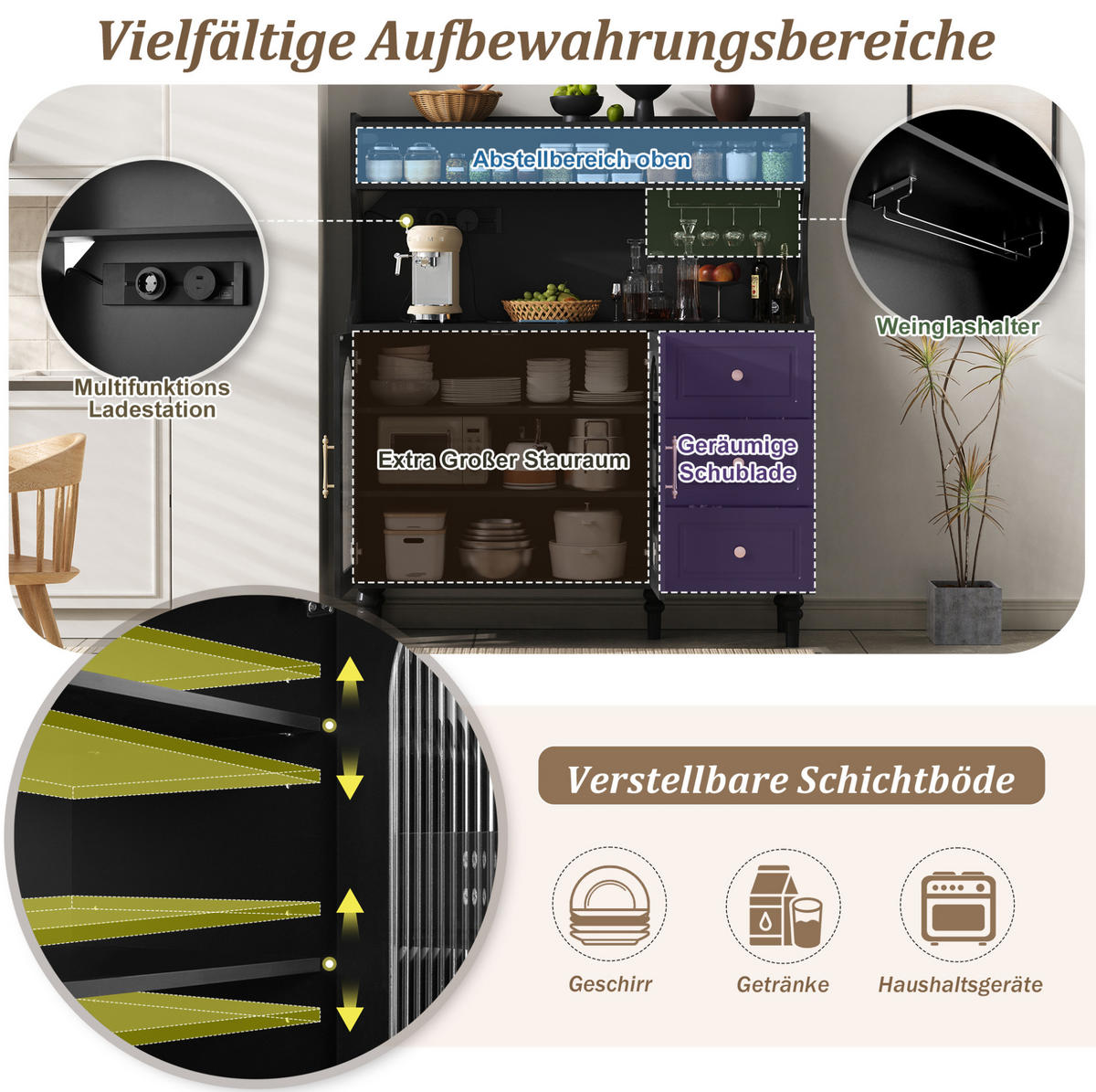 BUFFET 120/40/138,5 cm schwarz aus MDF mit Steckdose - Schwarz, Holzwerkstoff (120/138.5/40cm) - OKWISH