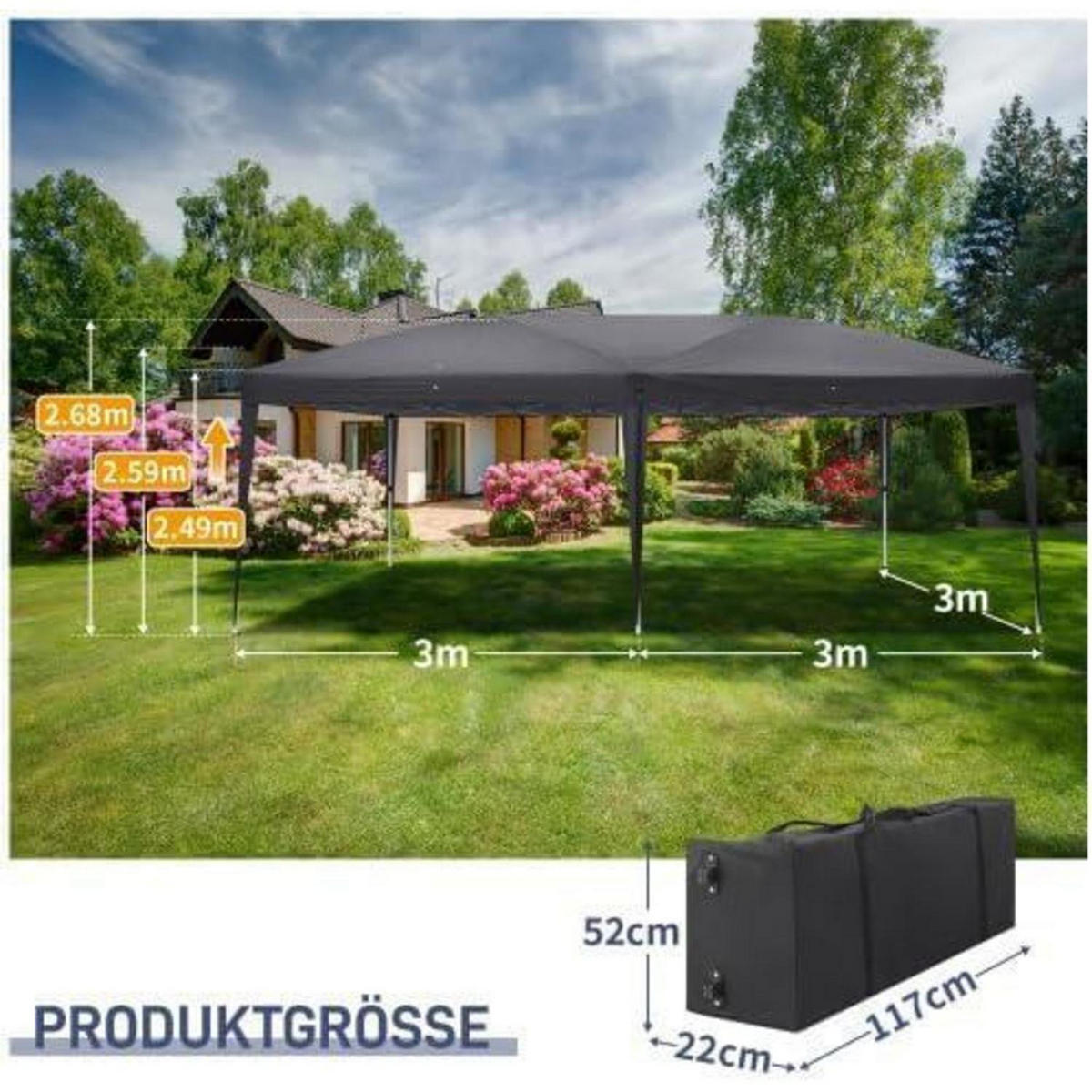 GARTENZELT 3 x 6 m höhenverstellbar wasserdicht dunkelgrau - Anthrazit, Textil (300/255/600cm)