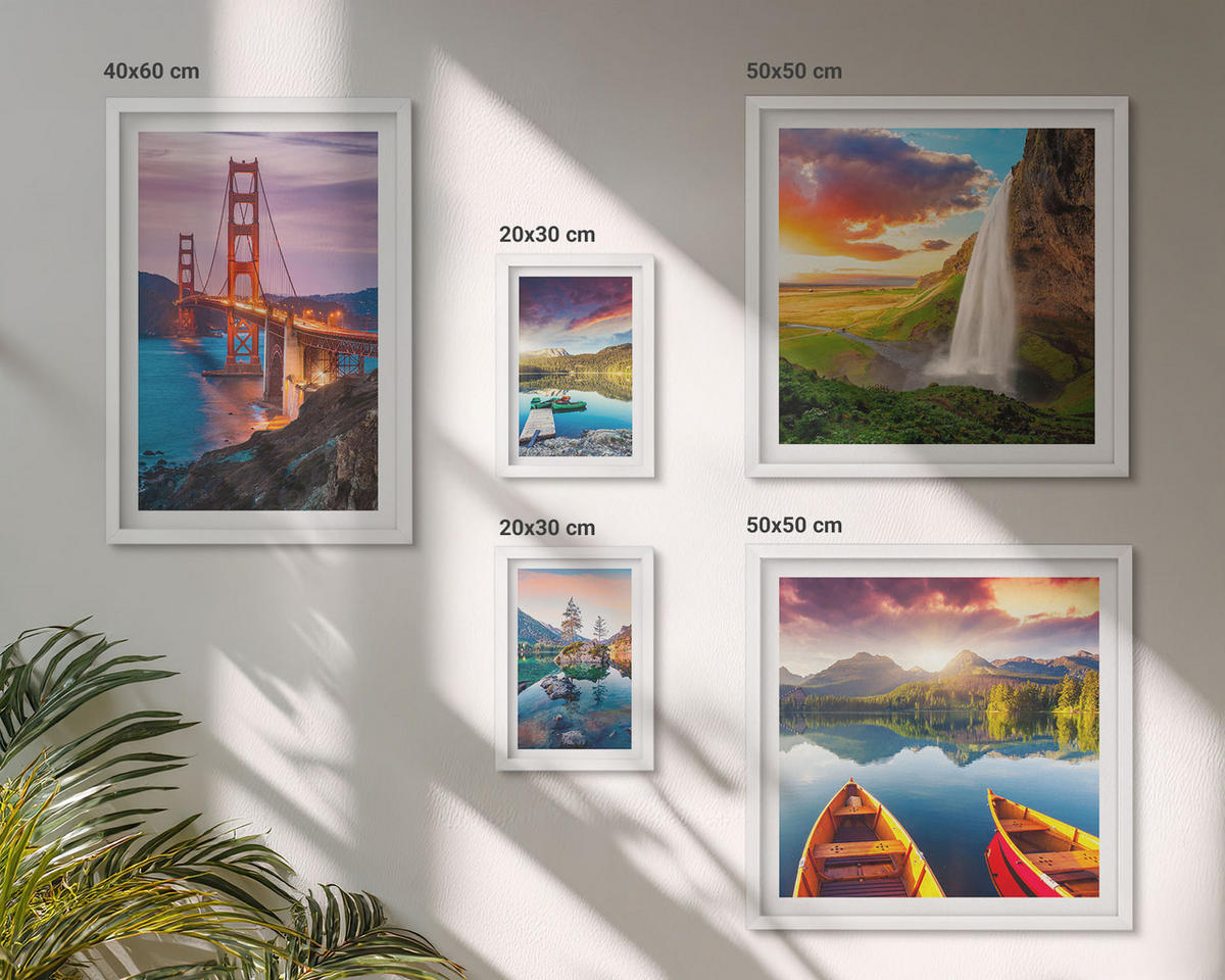 WANDBILDER 5er-Set - 50x50 cm & 20x30 cm & 40x60 cm Weißer Rahmen - Bergseen, Boote, Brücken - Weiß, Kunststoff (40/60cm) - ArtPrintCave