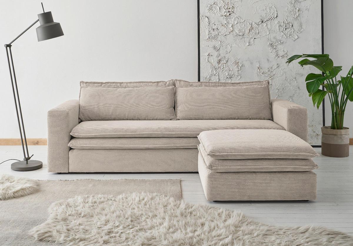 SOFA-SET beige Cord, Couch 3-Sitzer mit Bettfunktion inklusive Hocker - Beige, Holz/Textil (244/83/176cm) - Furn.Design