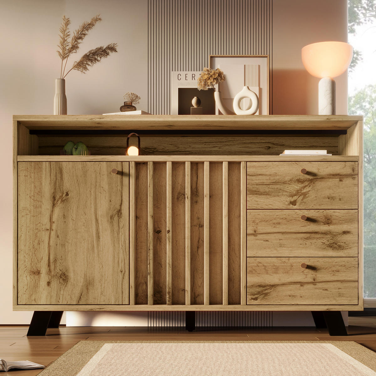 SIDEBOARD Dark Oak 120/40/85 cm mit 3 Schubladen und 2 Türen - Dunkelbraun, Holz (120/85/40cm) - PANGIVO