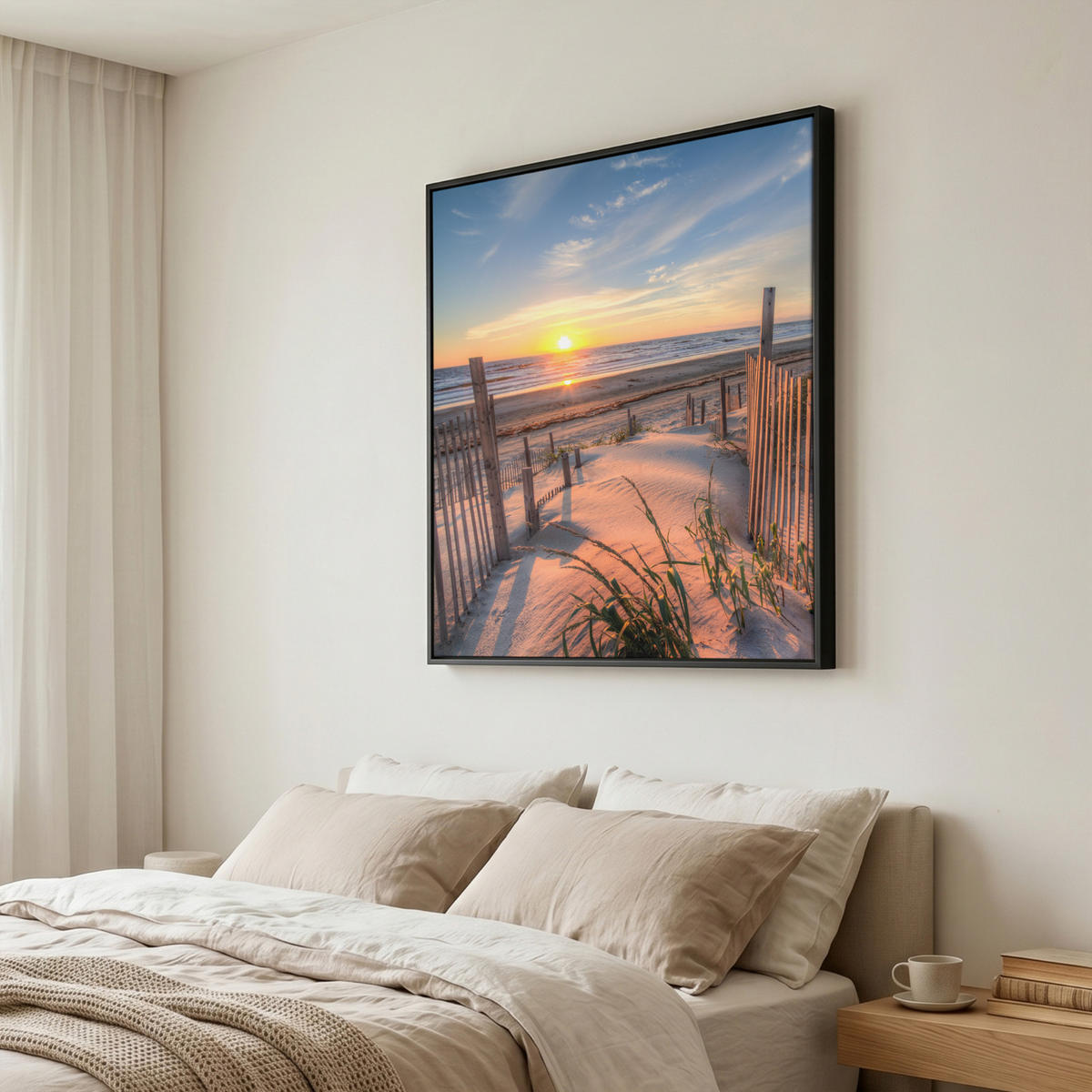 LEINWAND Bilder mit Rahmen - Strand - Meer - Düne - Sonnenuntergang - Landschaft - 90x90 - Beige, Textil (90/90cm) - MuchoWow
