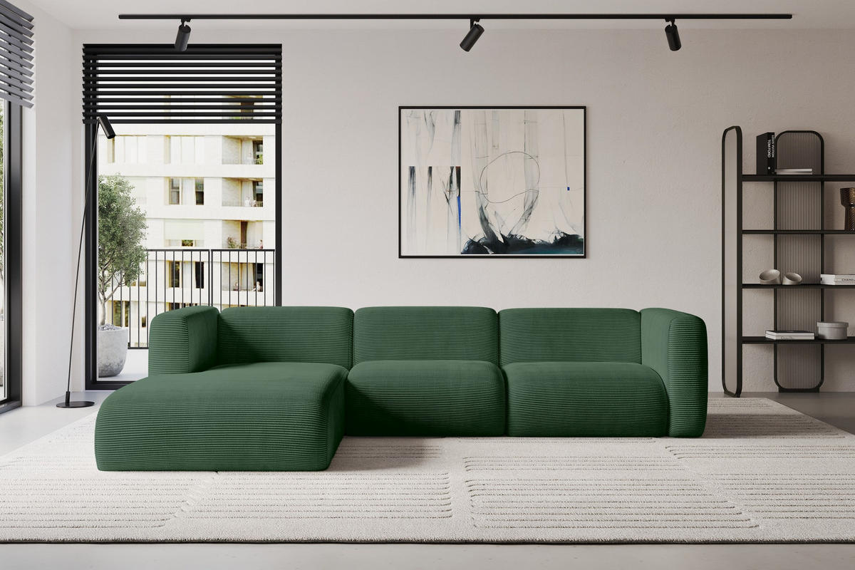 ECKSOFA Ottomane Links MIRA-L2 318x179x89 Grün Cord - Salbeigrün/Schwarz, Holzwerkstoff/Kunststoff (318/179cm) - ALTDECOR