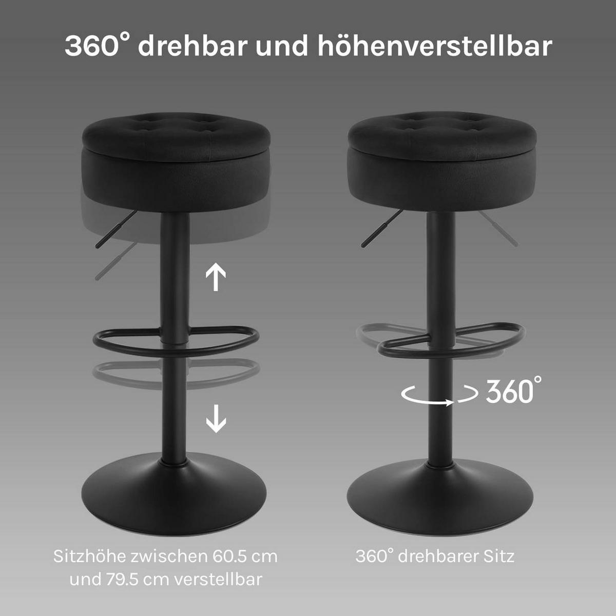BARHOCKER 2er Set, drehbar, Samt, Schwarz - Schwarz, Textil/Metall (39/60.5/39cm) - Woltu