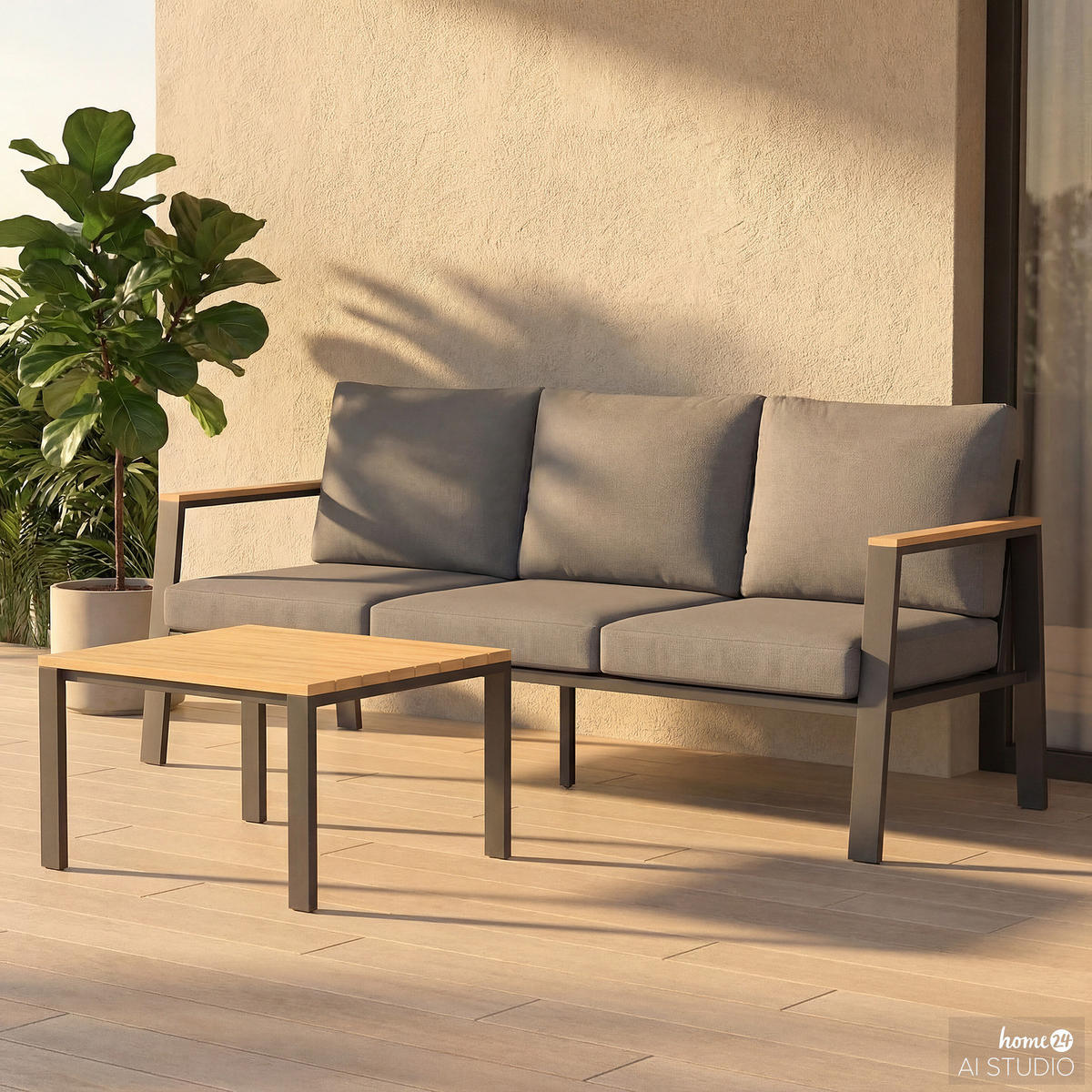 LOUNGESET - Eukalyptus massiv / Polyester - Braun / Anthrazit - 2-teilig - Braun/Grau, Holz/Textil - home24