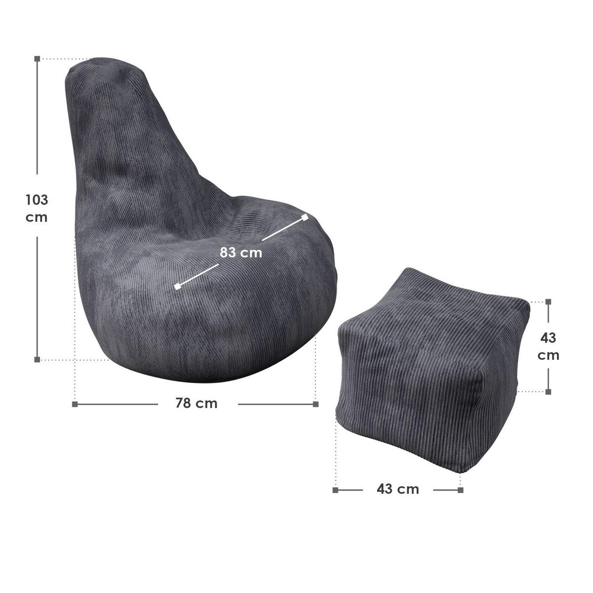 SITZSACK Chillex mit Hocker XL Cord dunkelgrau - Dunkelgrau, Textil (83/103/78cm) - Juskys