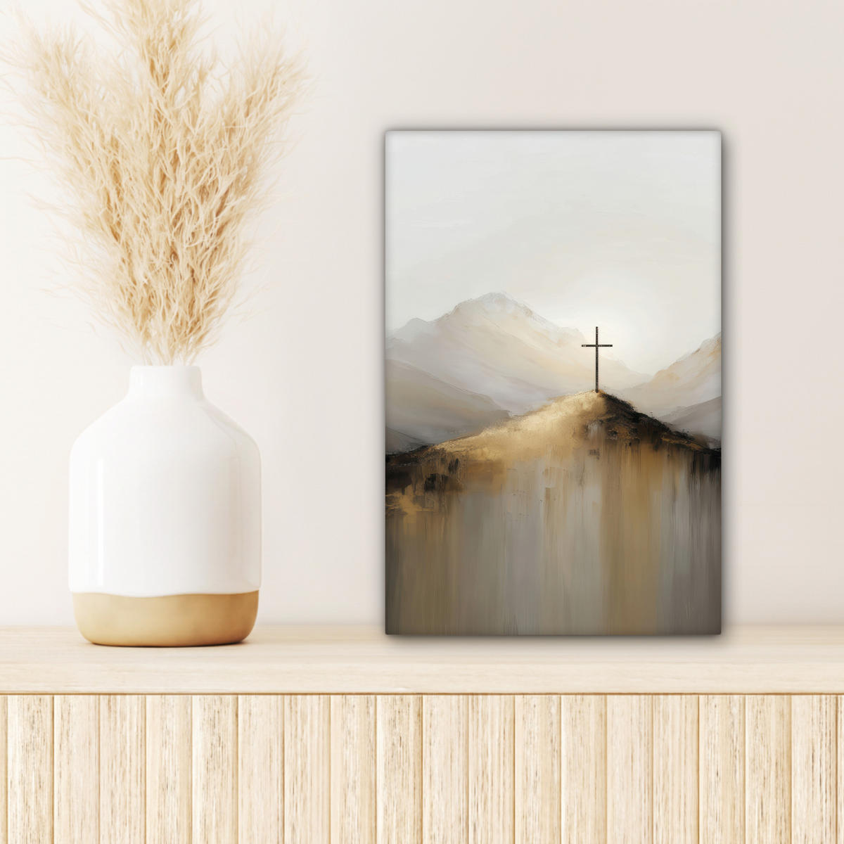 LEINWANDBILD Hügel - Abstrakt - Kreuz - Christentum Deko Wohnzimmer 20x30 cm - Beige, Textil (20/30cm) - MuchoWow