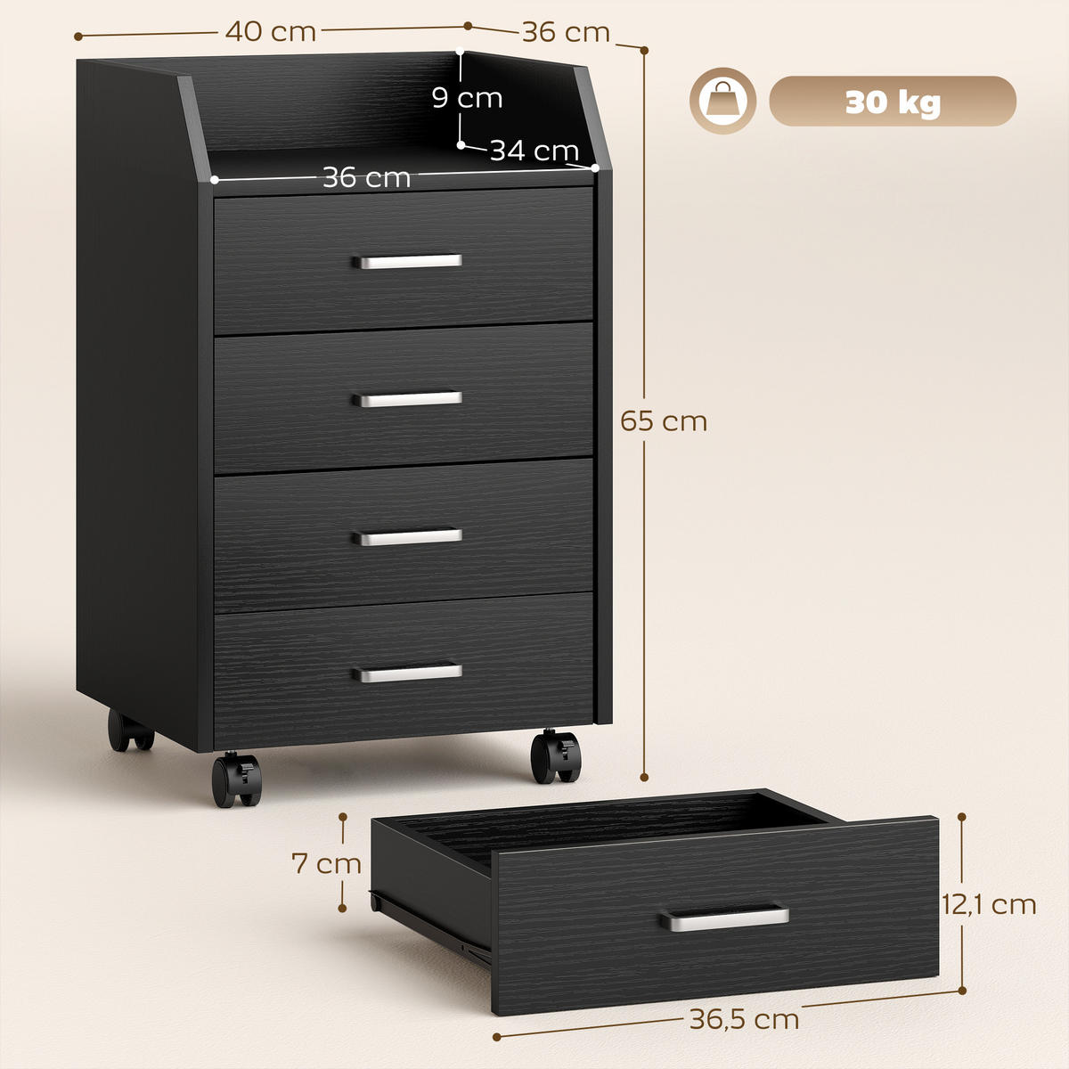 ROLLCONTAINER DE-14523 4 Schubladen, rollbar Schwarz - Schwarz, Holzwerkstoff (36/65/40cm) - ComfortXL