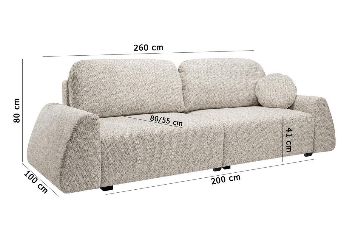 SCHLAFSOFA Moderne ALMI mit Schlaffunktion – 3-Sitzer Sofa mit Bettkasten, DL-Automat, 2 Rückenkissen, 260x100x80 cm, White - Weiß, Holz/Textil (260/80/100cm) - DomoHome