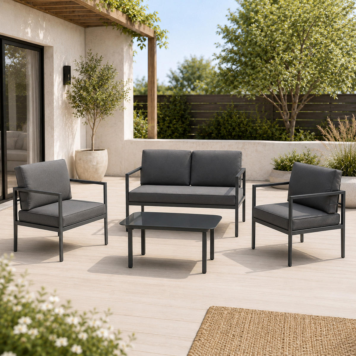 GARTENMÖBEL-SET mit 1 Zweisitzer. 2 Einzelstühlen und 1 Couchtisch. Anthrazit & Grau - Anthrazit, Metall - Home Collective