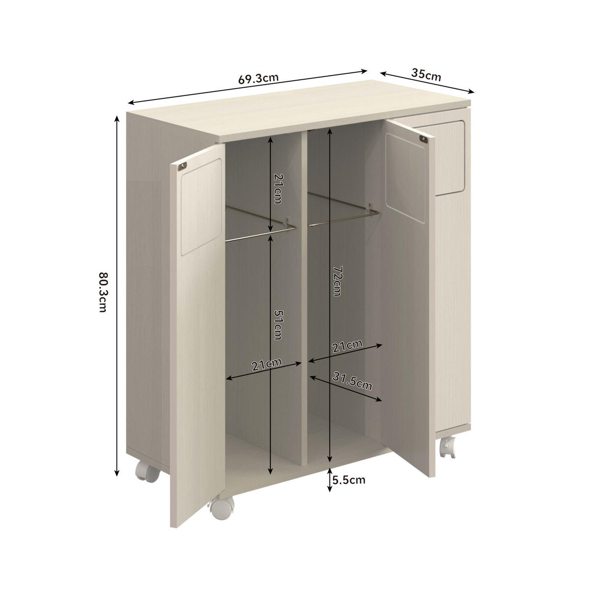 SKŘÍŇKA na třídění odpadu z MDF 69,3x35x80 cm bílá na kolečkách se 3 přihrádkami a dvířky 180° - bílá, kompozitní dřevo (70/80/35cm) - Modfu