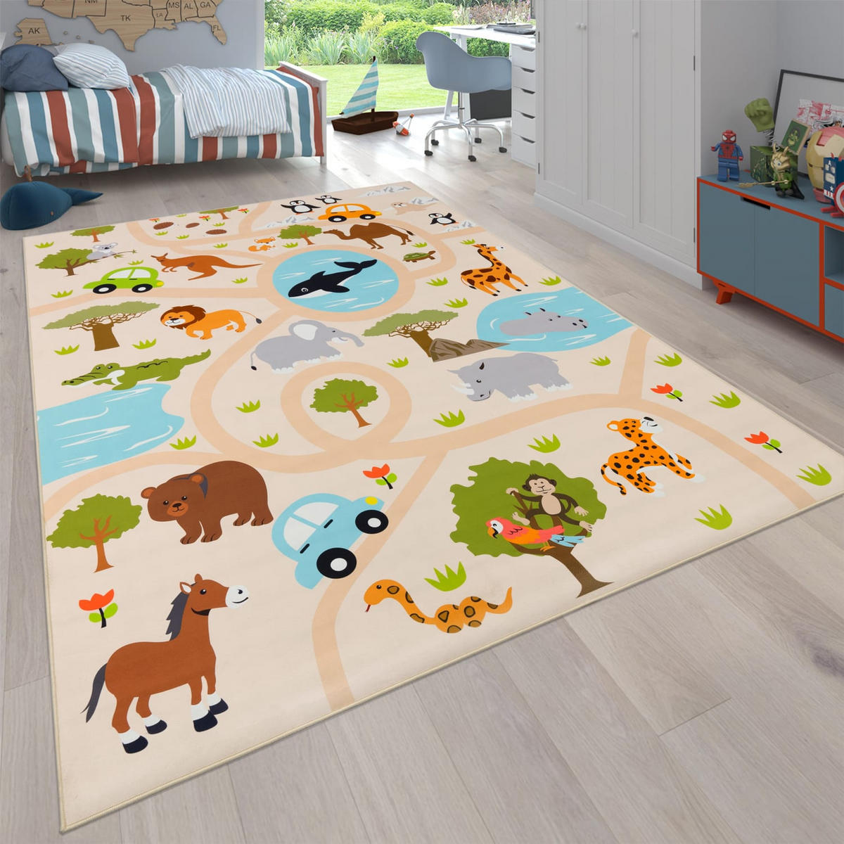 KINDERTEPPICH waschmaschinenwaschbar Safari‑Straßen‑Muster Kinderzimmer schmutzabweisend Mehrfarbig Rechteckig 80x150 - Multicolor, Textil (80/150cm) - KADIMA DESIGN